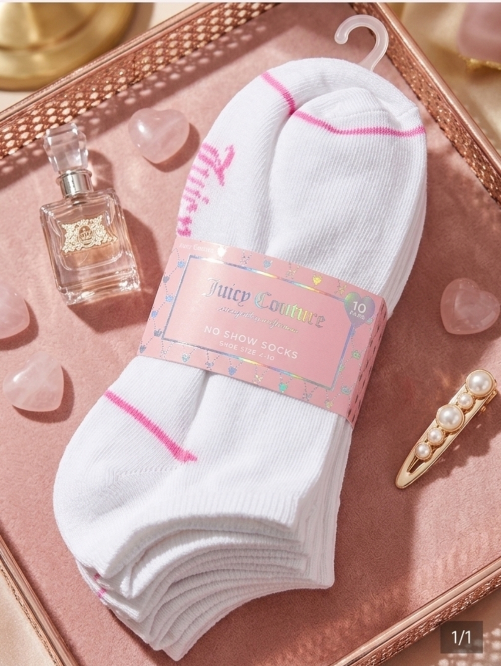 10 Pack Juicy Couture White No-Show Socks with Pink Logo Stripe